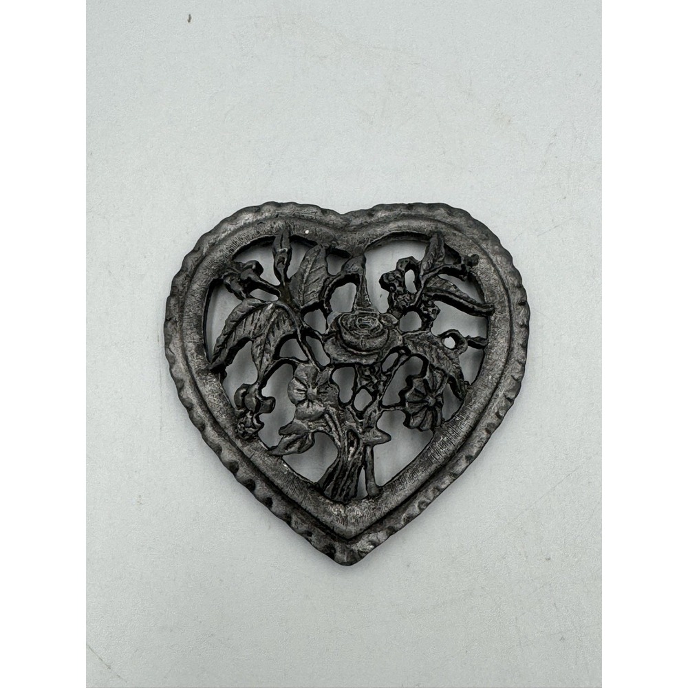 Vintage Metzke Pewter Heart Charm Roses Filigree 1985 Lid Romantic Decor 3''